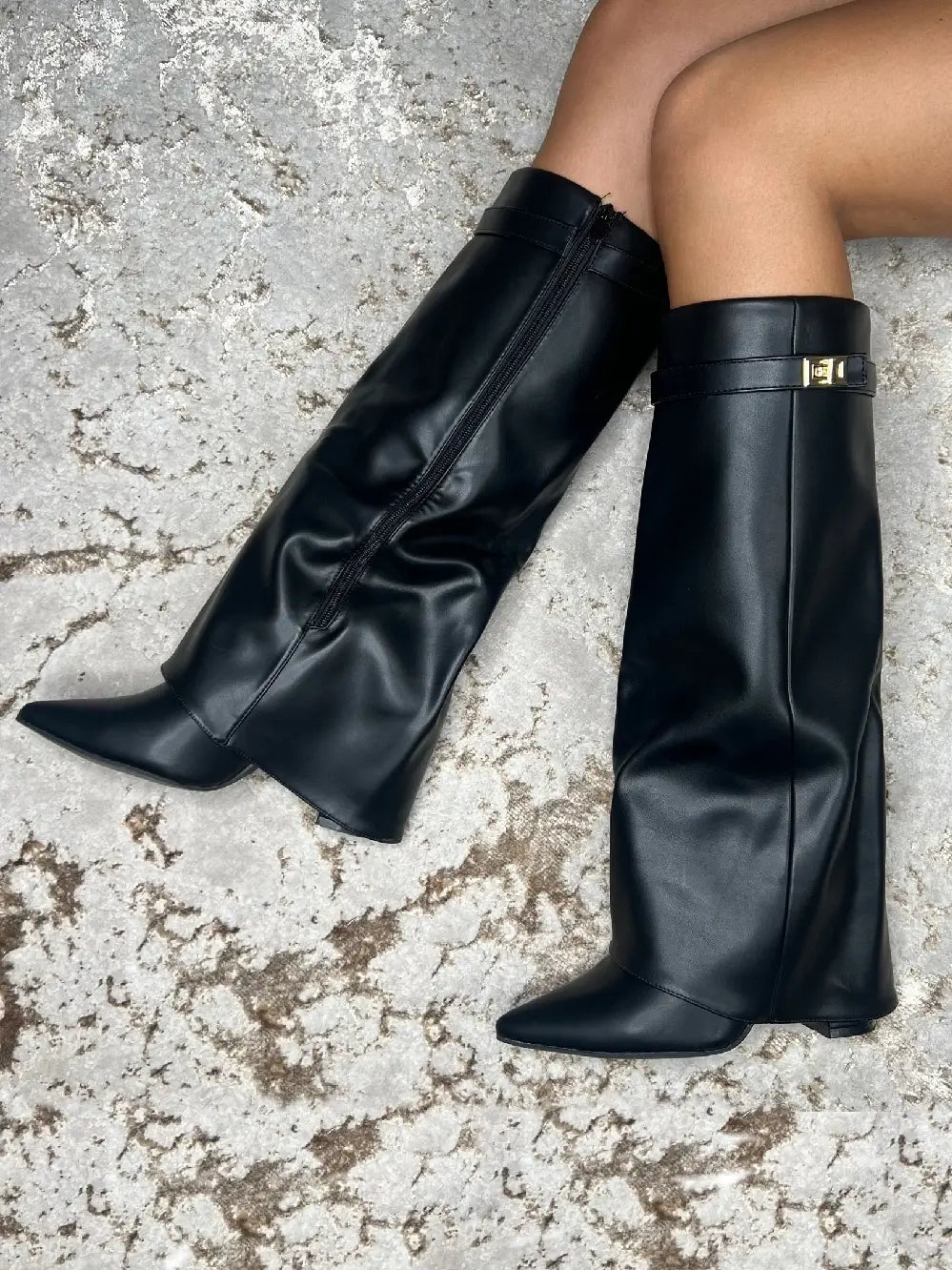 Black Folded Over Block Heel Knee High Shark Boots