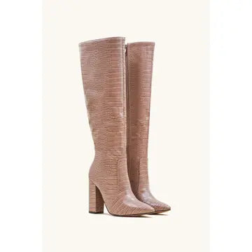 Women's Block Heel Knee High Croc Effect Long Boot