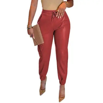 Women's Solid Color Faux Leather Drawstring Pants