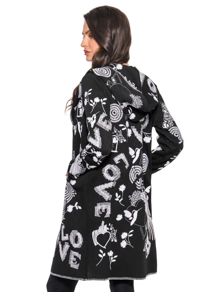 Black and White Embroidered Cardigan with Hood