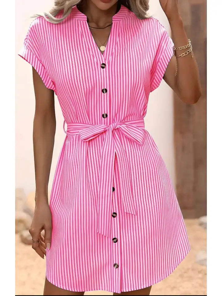 Striped Cotton Shirt Dress Short Sleeves