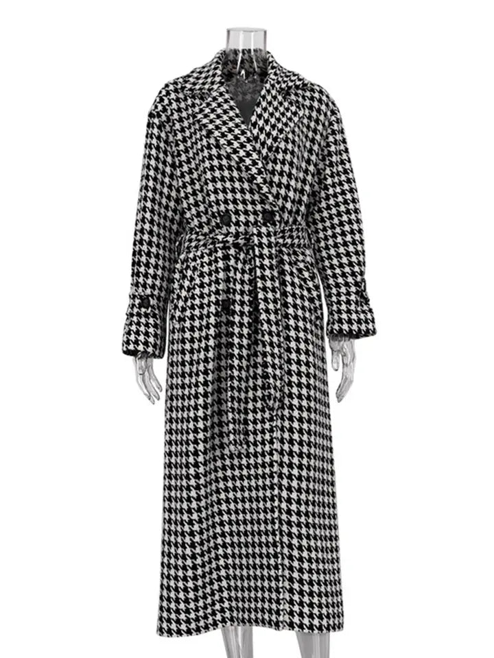 Elegant Thousand Bird Check Longline Trench Coat