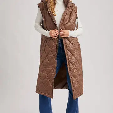Diamond Quit Puffer Long-Line Hooded Vest