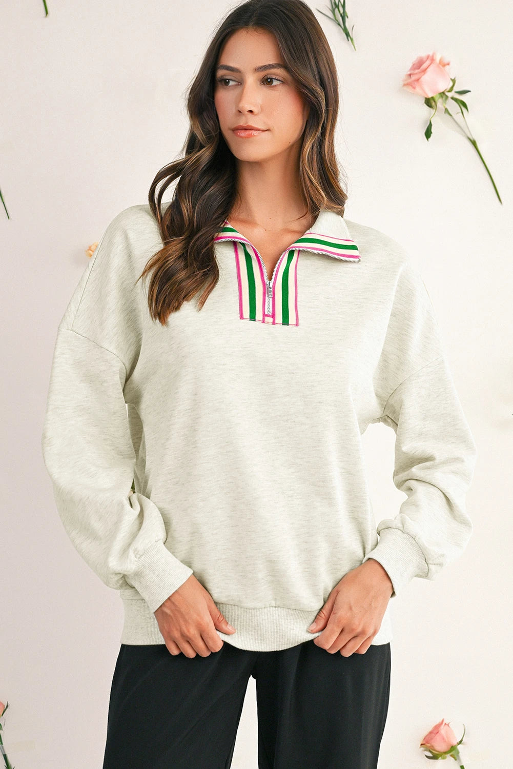 Vineyard Green Pop of Color Collared Patchwork Pullover Sweatshirt
