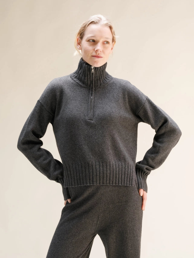 Maglione Corto A Collo Alto Con Zip in Misto Cashmere