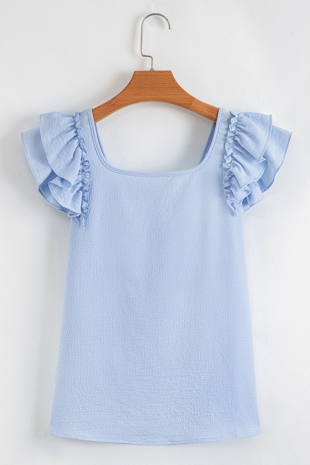 Beau Blue Textured Bow Frilled Ruffle Sleeve Blouse