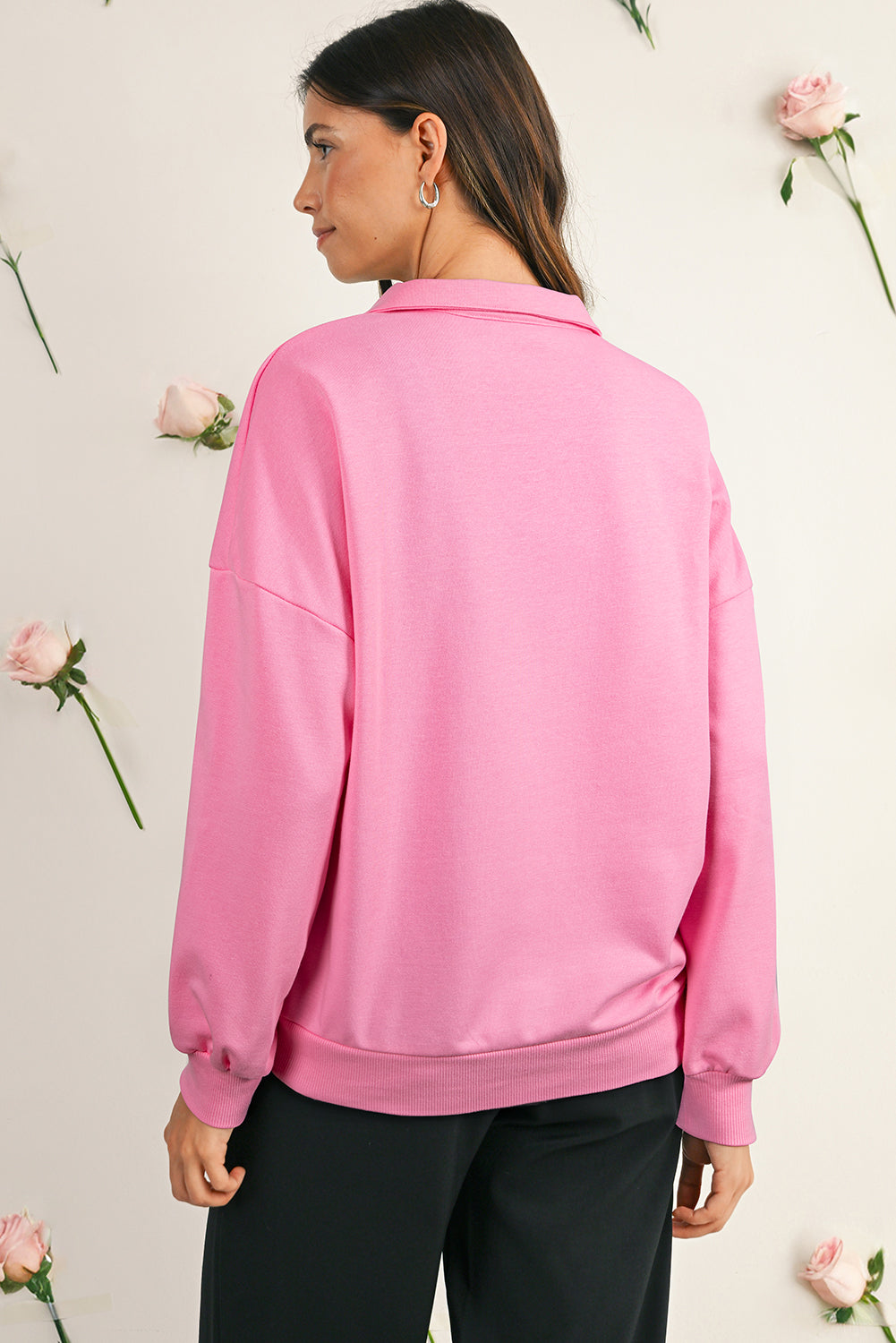 Vineyard Green Pop of Color Collared Patchwork Pullover Sweatshirt