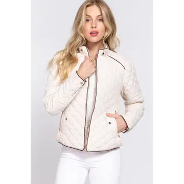 Suede Piping Detail Rib Quilted Padding Jacket