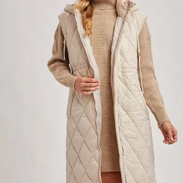 Diamond Quit Puffer Long-Line Hooded Vest