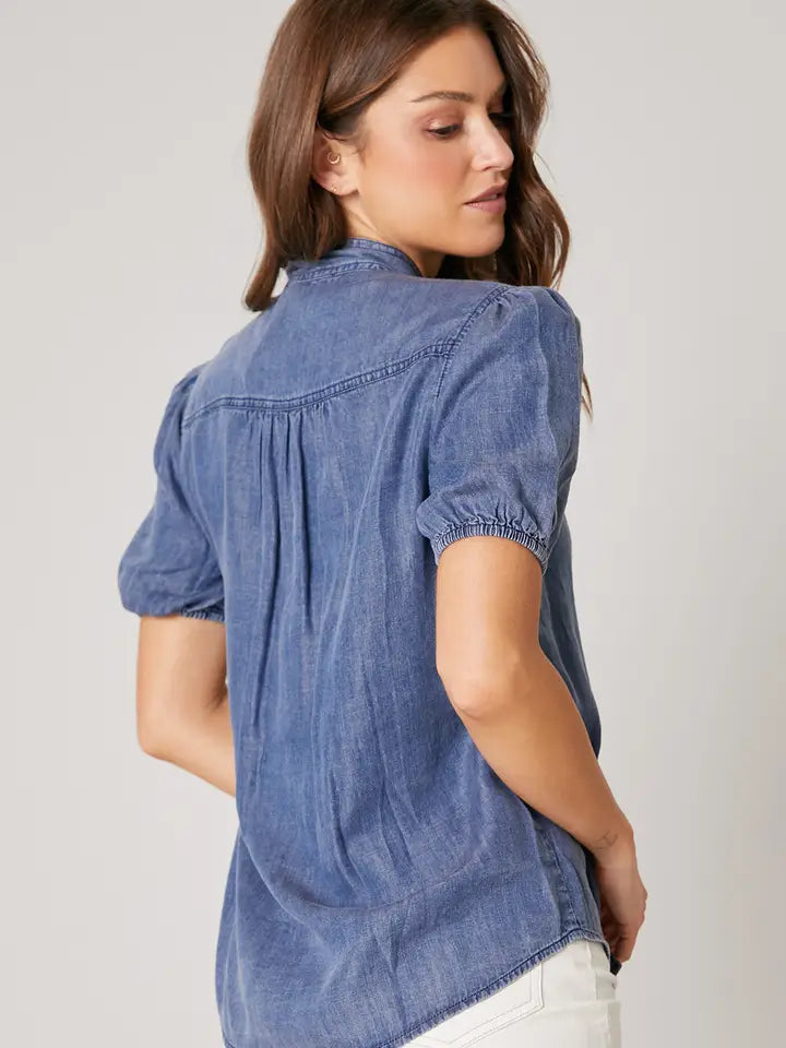 Georgina Chambray Button Front Bow Top