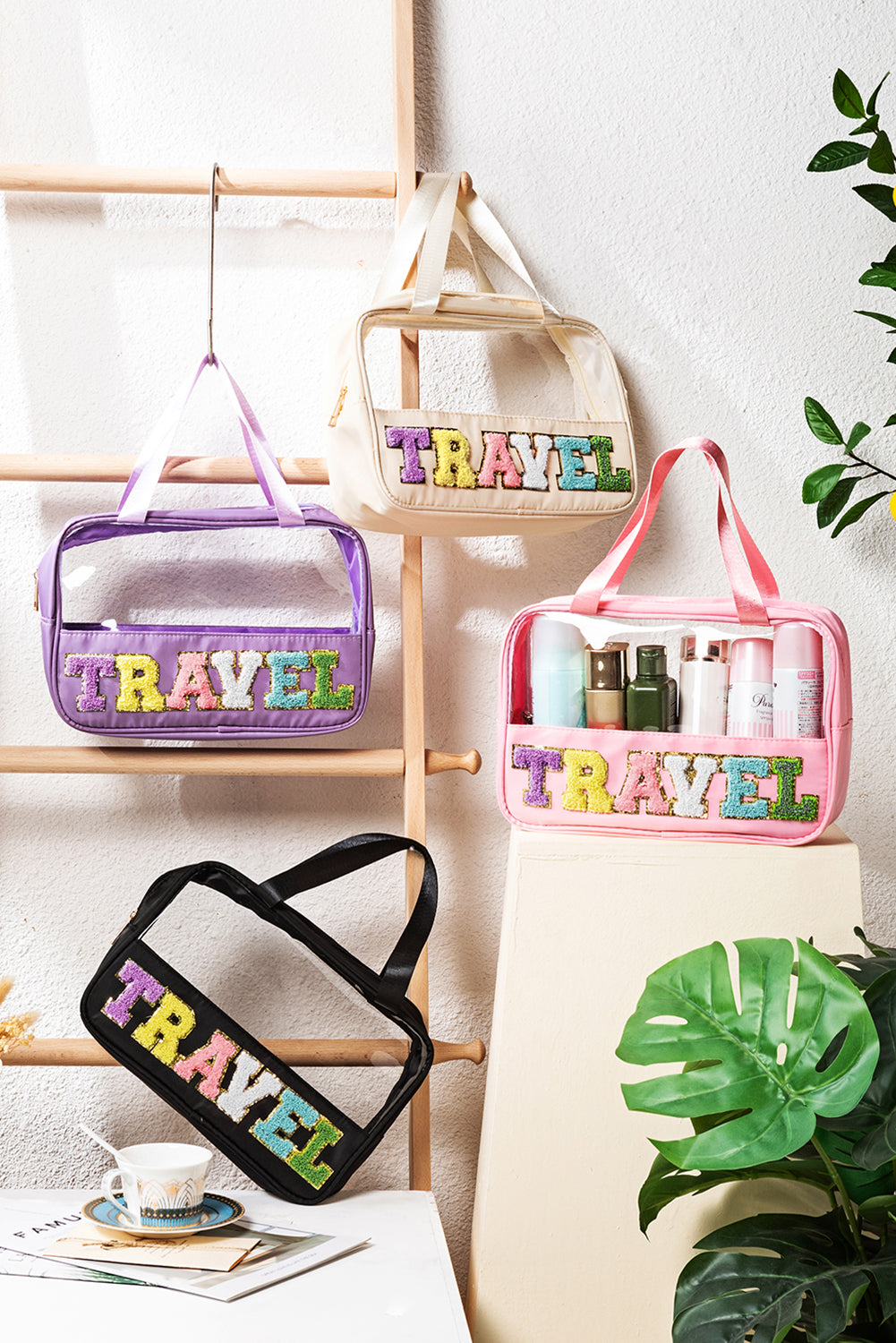 Parchment TRAVEL Letter Print Clear PVC Makeup Bag