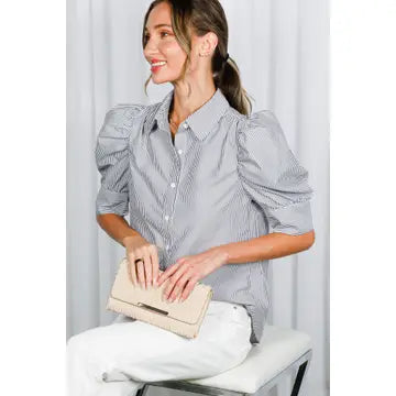 Collared Neck Short Puff Sleeve Striped Blouse