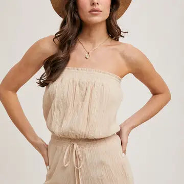 Smocked Tube Top Ruffled Hem Drawstring Romper