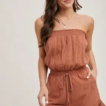 Smocked Tube Top Ruffled Hem Drawstring Romper