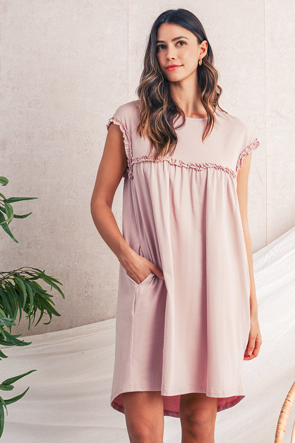 Mint Green Frilled Trim Crewneck Loose Fit Mini Dress