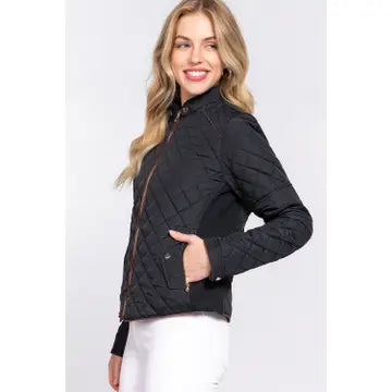Suede Piping Detail Rib Quilted Padding Jacket