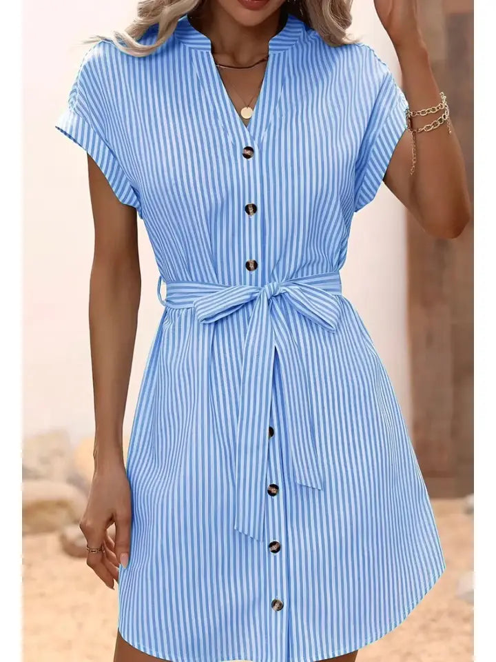 Striped Cotton Shirt Dress Short Sleeves