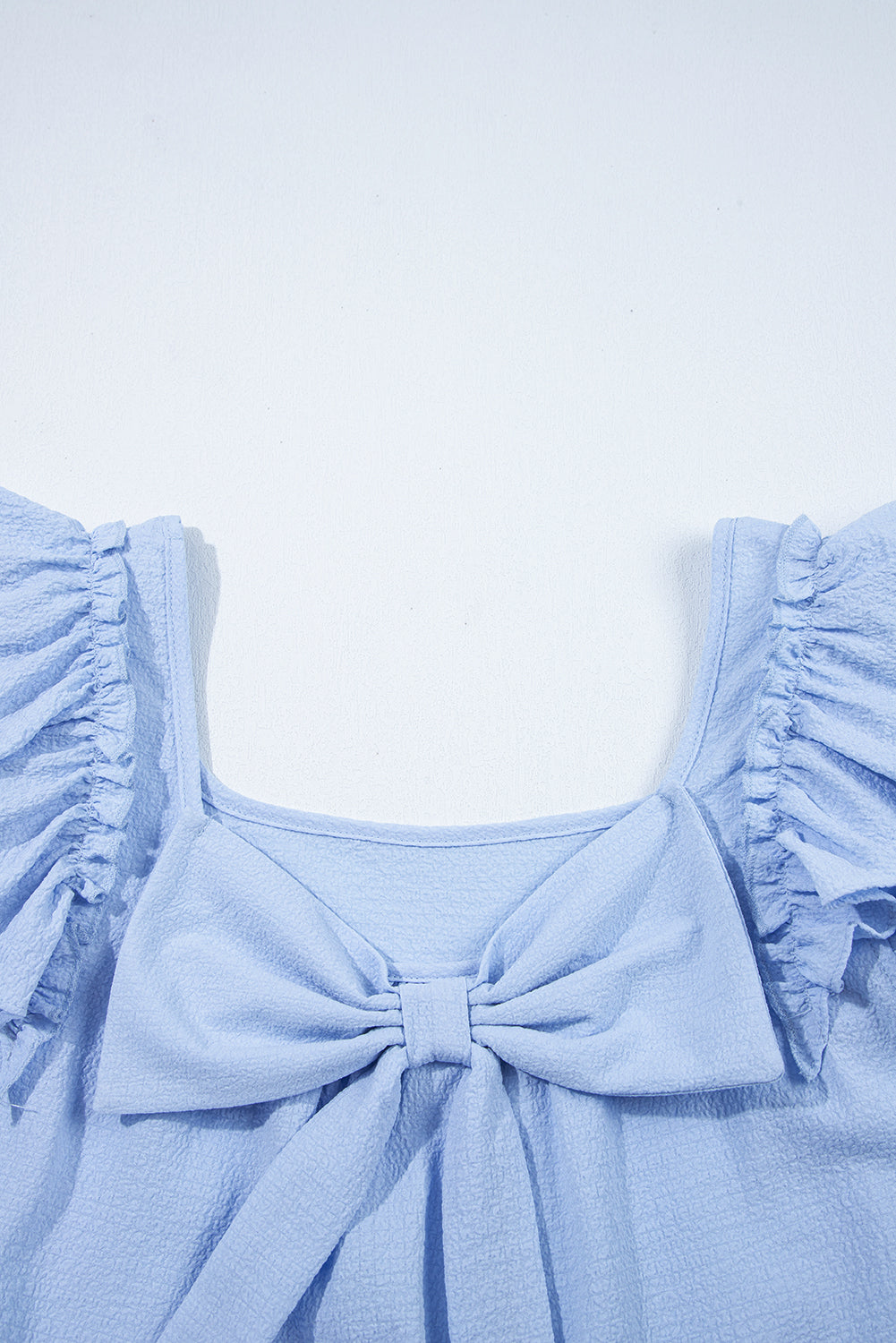 Beau Blue Textured Bow Frilled Ruffle Sleeve Blouse