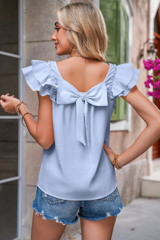 Beau Blue Textured Bow Frilled Ruffle Sleeve Blouse