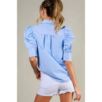 Collared Neck Short Puff Sleeve Striped Blouse