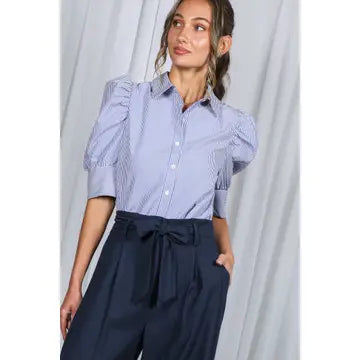Collared Neck Short Puff Sleeve Striped Blouse