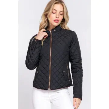 Suede Piping Detail Rib Quilted Padding Jacket