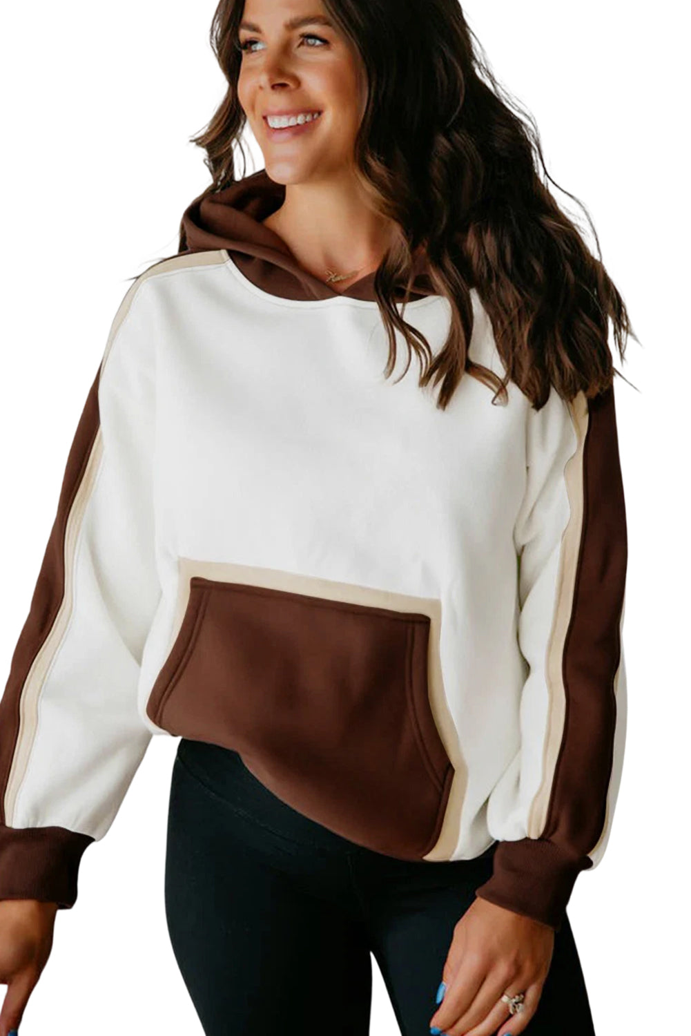Coffee Colorblock Kangaroo Pocket Long Sleeve Hoodie