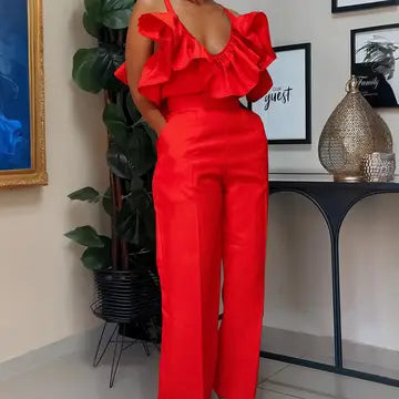 Stylish V-Neck Ruffled Halter Top High-Waisted Pantsuit Fun