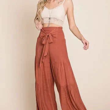 Tie Front Ruched Waist Back Pants