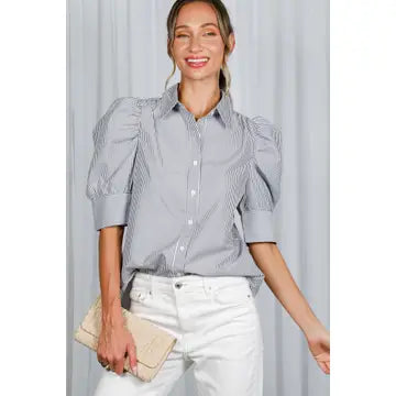 Collared Neck Short Puff Sleeve Striped Blouse