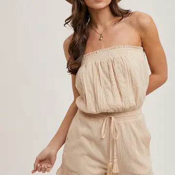 Smocked Tube Top Ruffled Hem Drawstring Romper