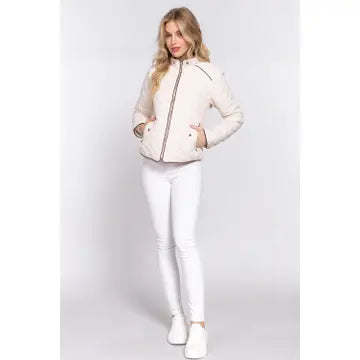 Suede Piping Detail Rib Quilted Padding Jacket