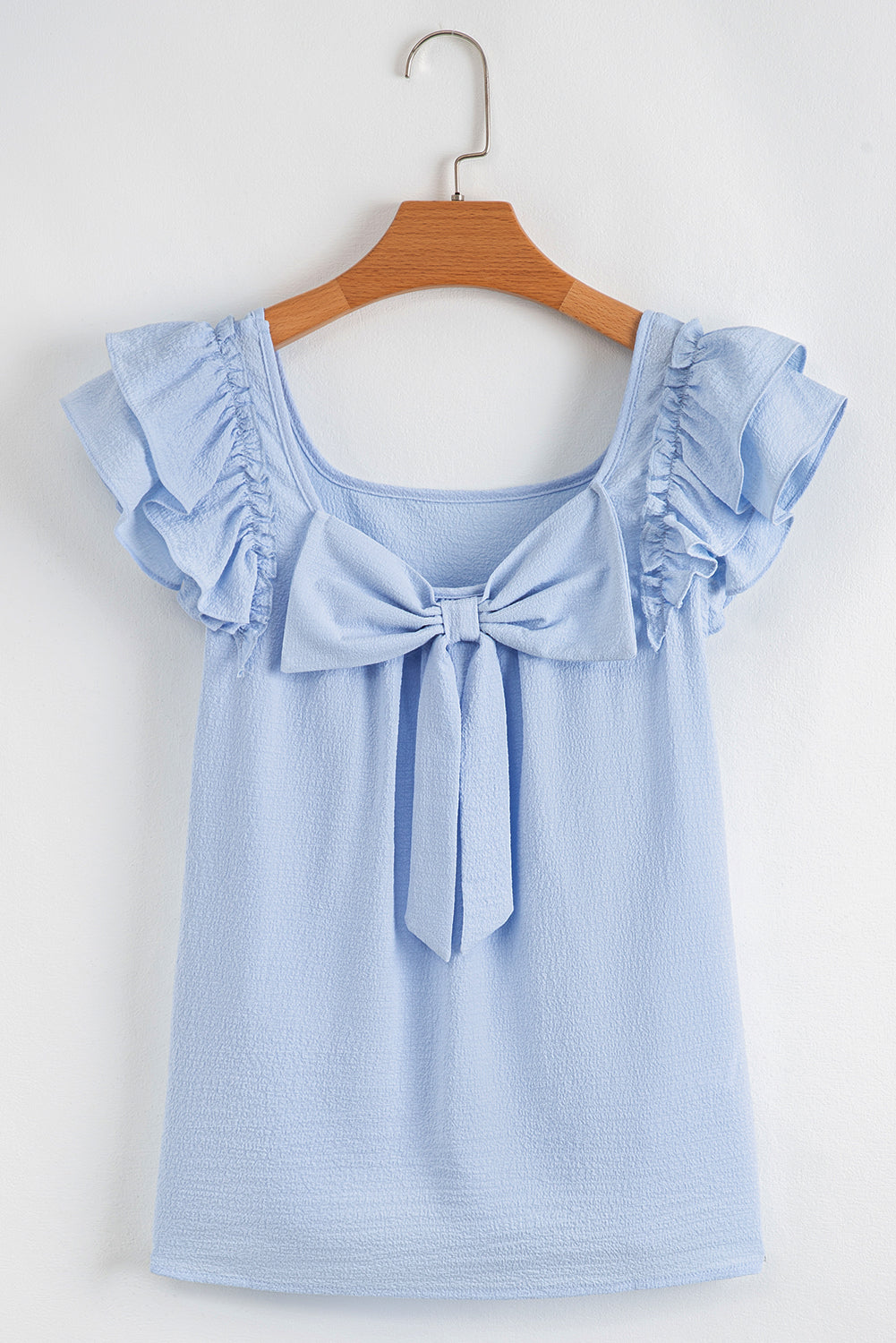 Beau Blue Textured Bow Frilled Ruffle Sleeve Blouse