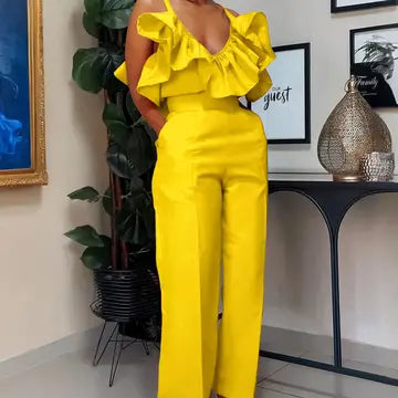 Stylish V-Neck Ruffled Halter Top High-Waisted Pantsuit Fun