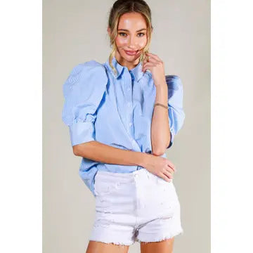 Collared Neck Short Puff Sleeve Striped Blouse
