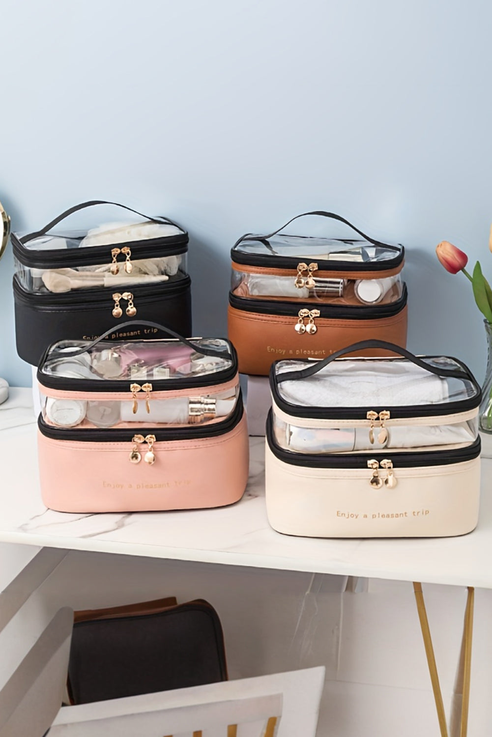 Pink Waterproof PVC Double Layer PU Cosmetic Bag