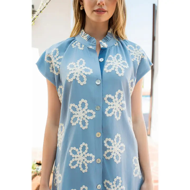 Embroidered Ruffle Collar Cap Sleeve Dress