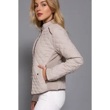 Suede Piping Detail Rib Quilted Padding Jacket