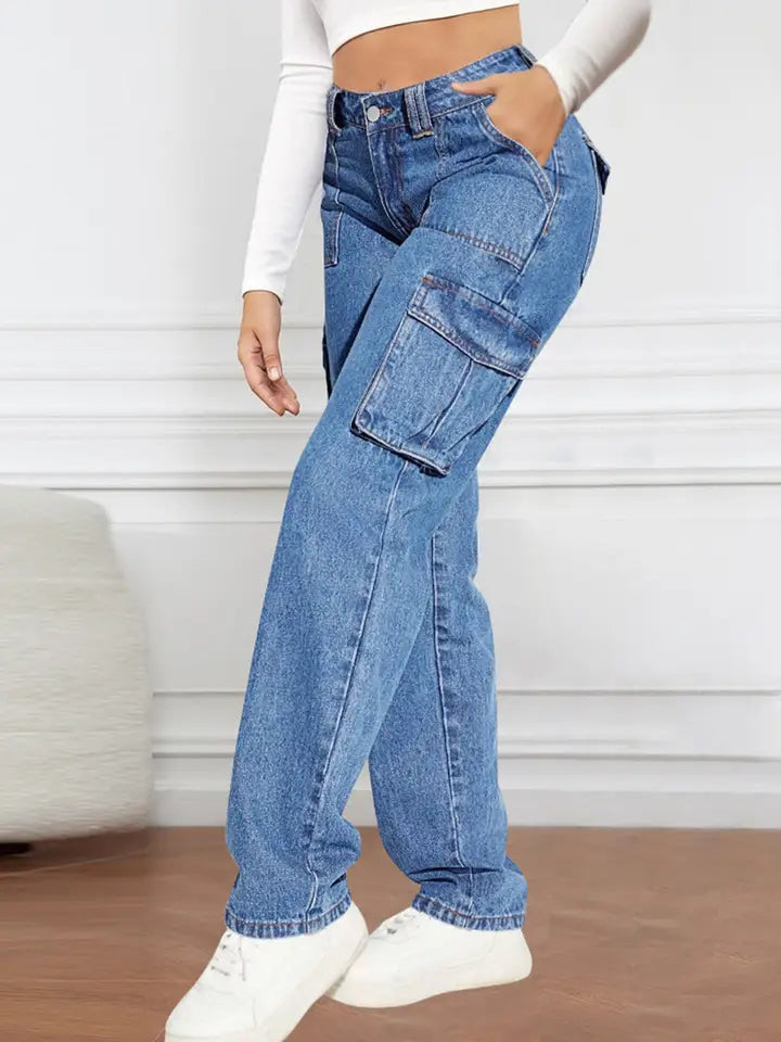 Mid-Rise Utility Cargo Jeans For Women