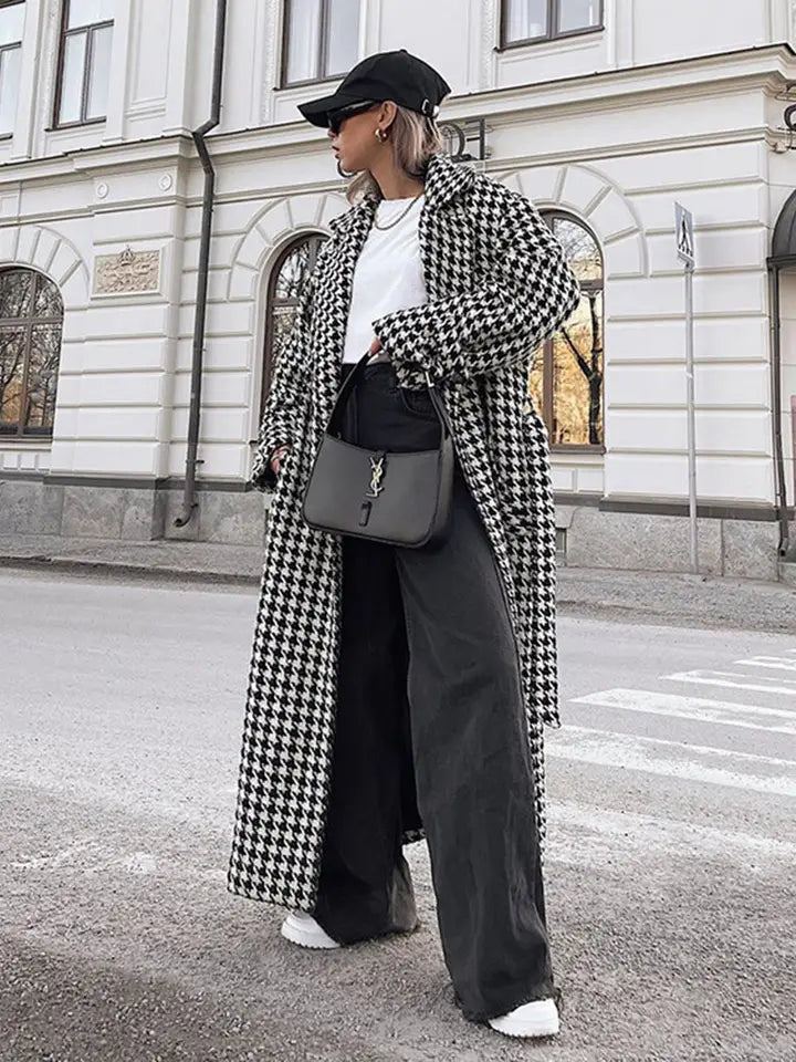 Elegant Thousand Bird Check Longline Trench Coat