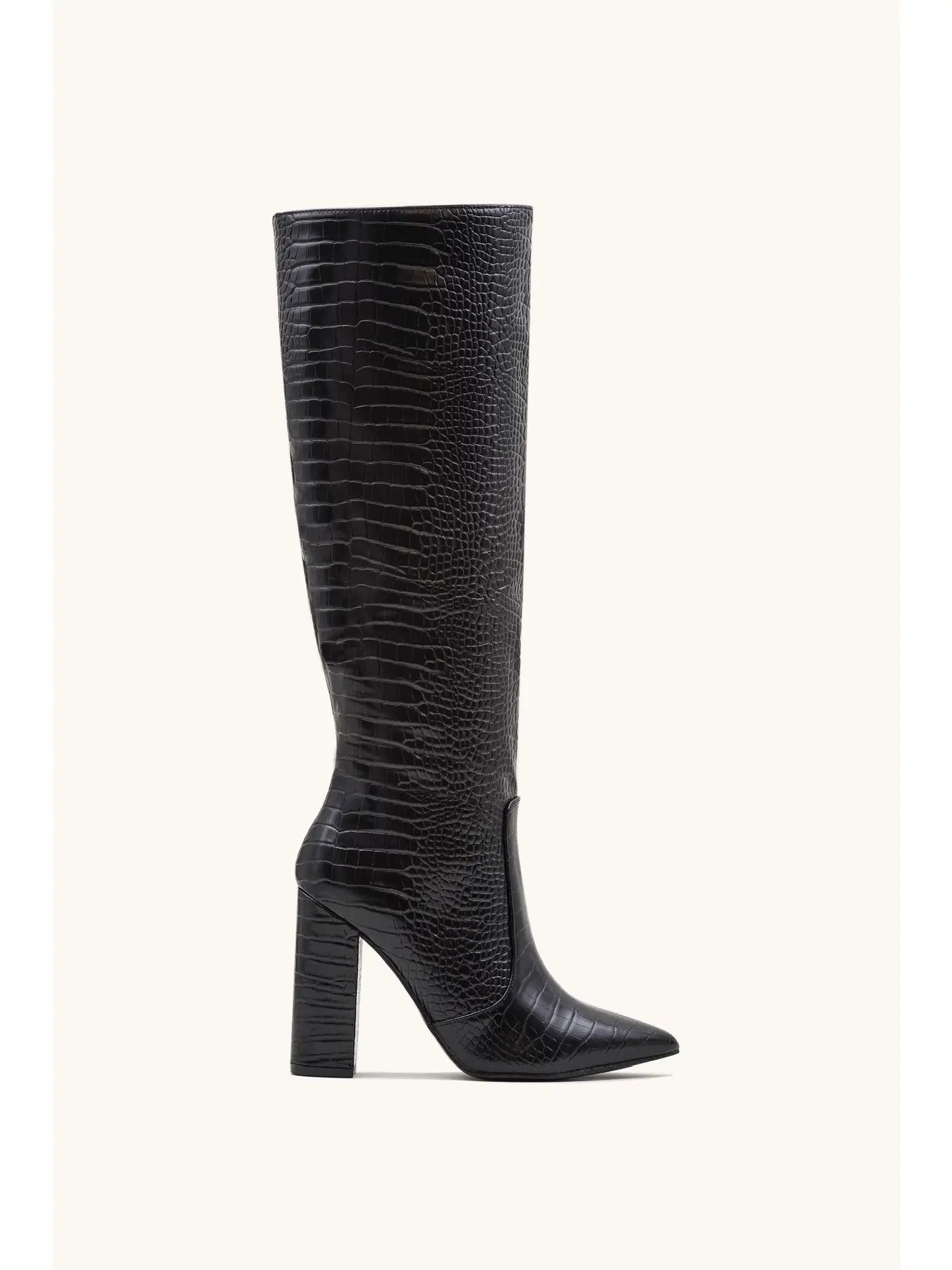Women's Block Heel Knee High Croc Effect Long Boot