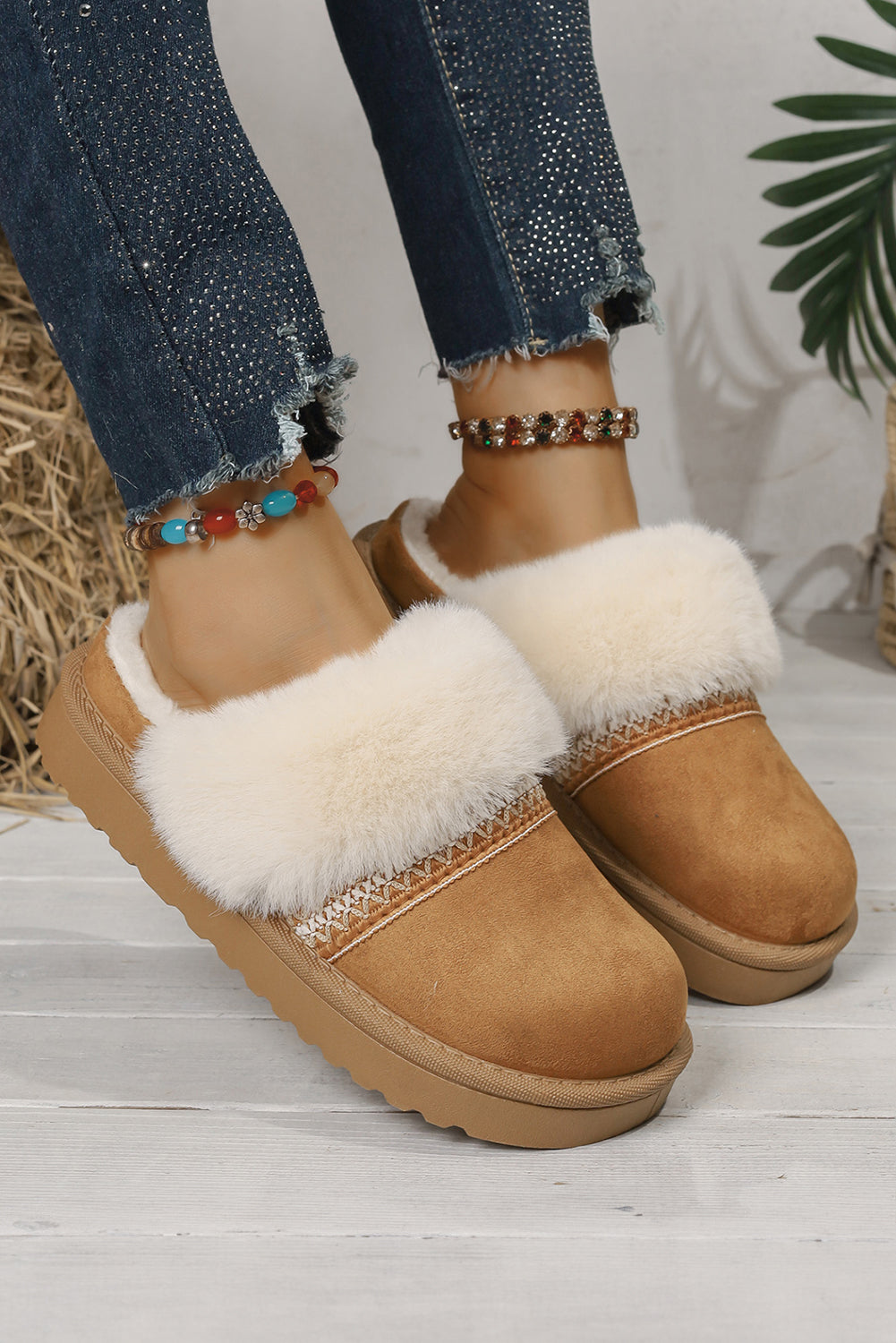 White Suede Fuzzy Winter Warm Platform Slippers
