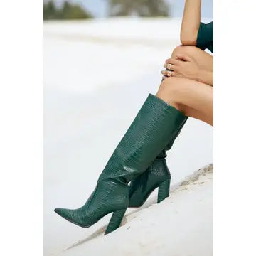 Women's Block Heel Knee High Croc Effect Long Boot