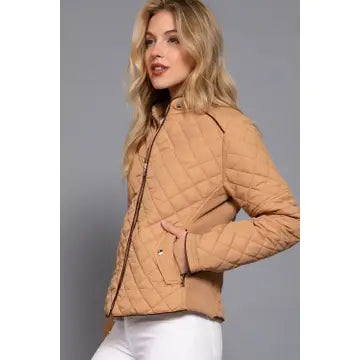 Suede Piping Detail Rib Quilted Padding Jacket