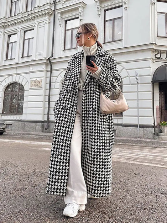 Elegant Thousand Bird Check Longline Trench Coat
