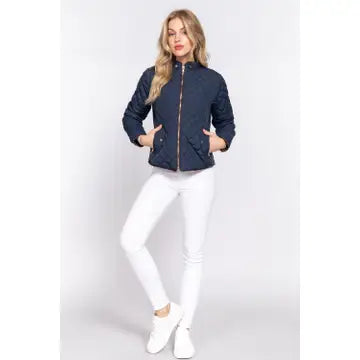 Suede Piping Detail Rib Quilted Padding Jacket