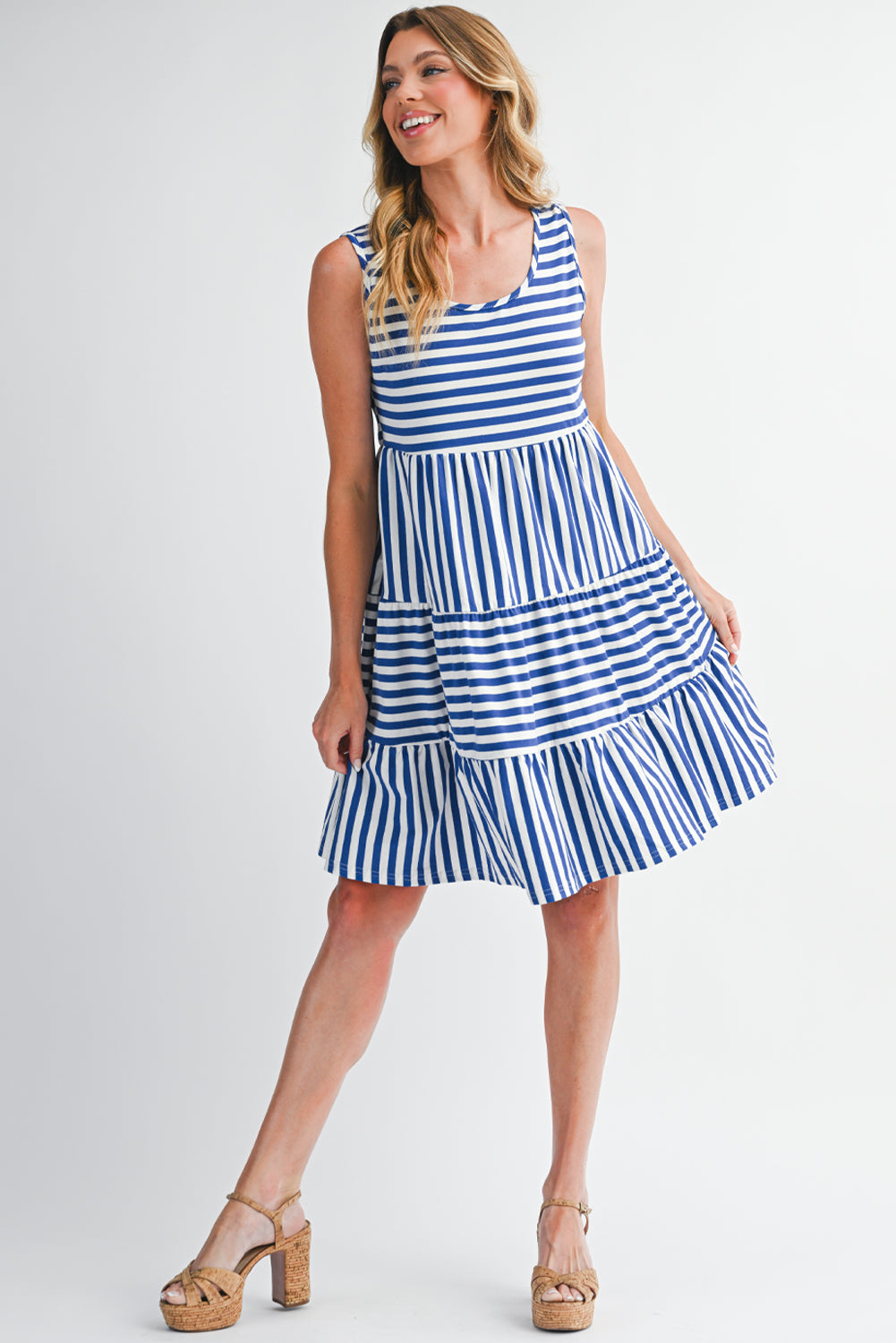 Sky Blue Striped U Neck Sleeveless Loose Fit Mini Dress