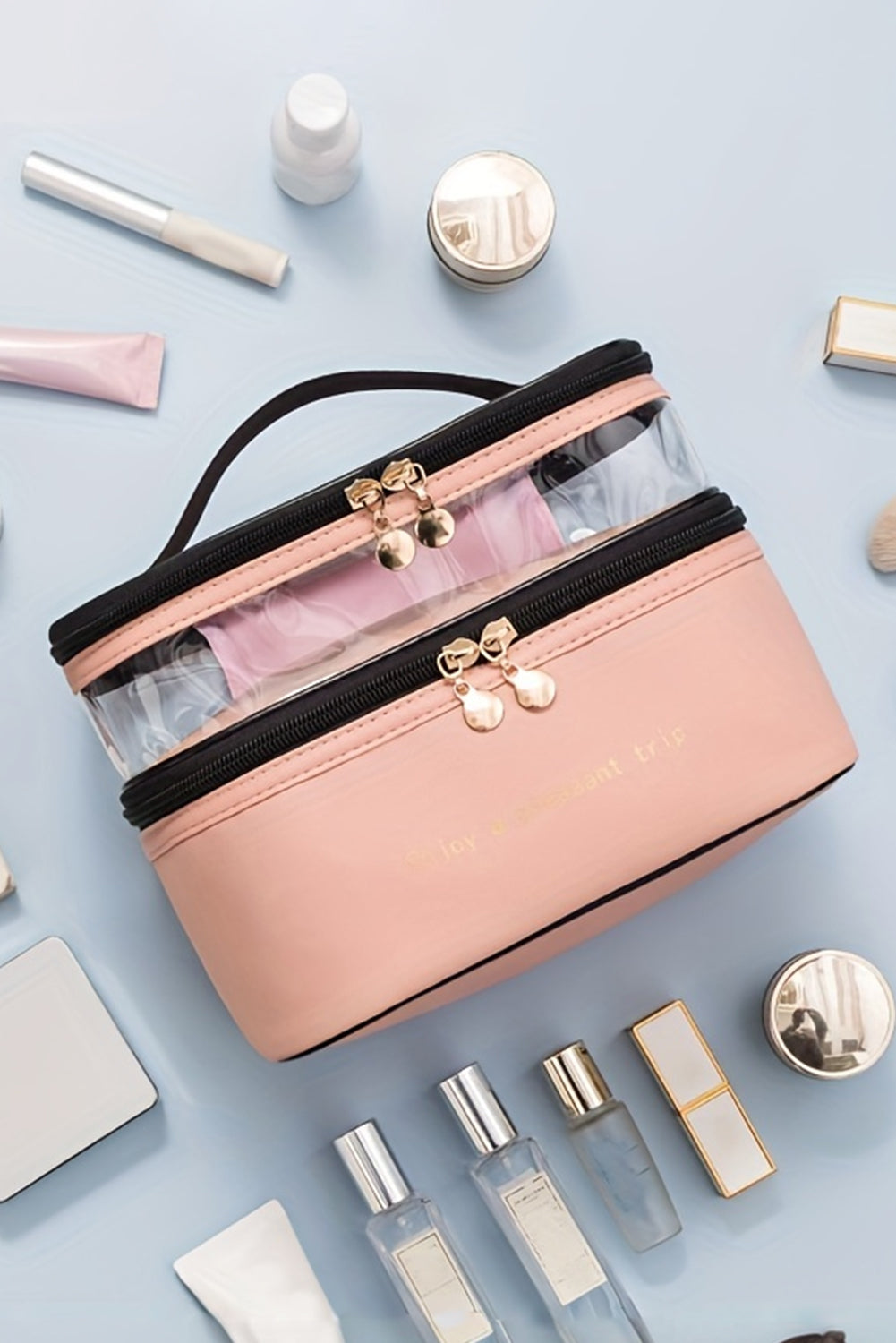 Pink Waterproof PVC Double Layer PU Cosmetic Bag