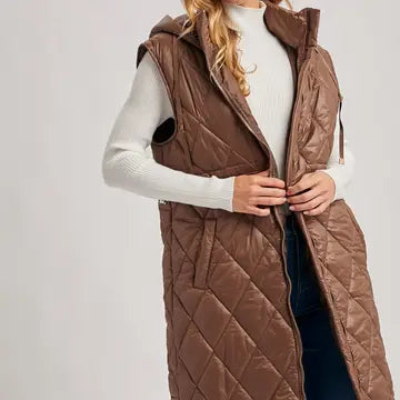 Diamond Quit Puffer Long-Line Hooded Vest