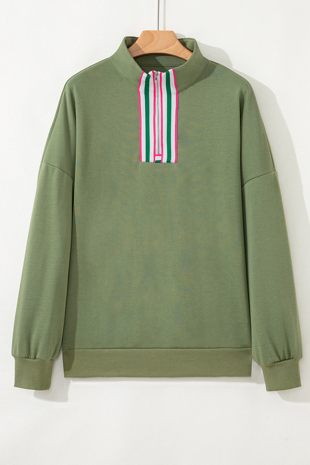 Vineyard Green Pop of Color Collared Patchwork Pullover Sweatshirt